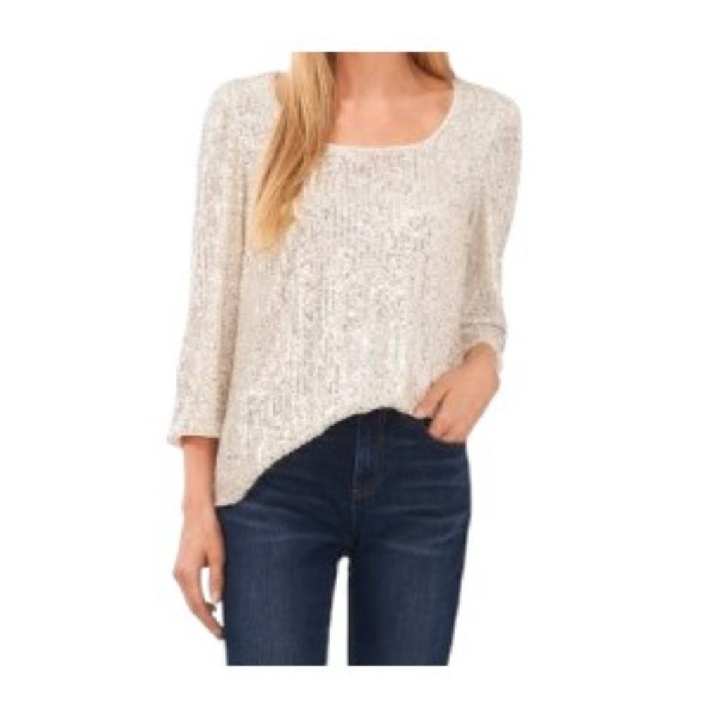 CeCe Glamour Melody Sequin Top in Champagne Large NWT